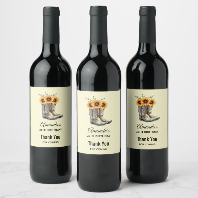 Rustic Cowboy Boots with Sunflowers Birthday Wine Label (Bottles)