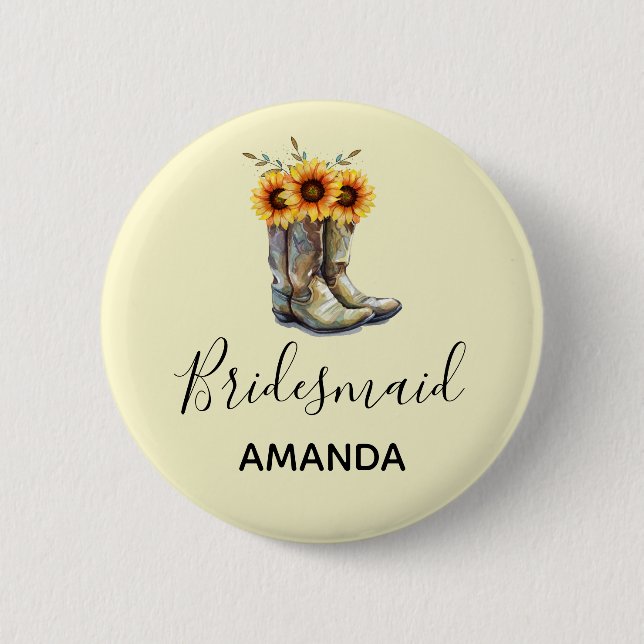 Rustic Cowboy Boots with Sunflowers Bridesmaid 6 Cm Round Badge (Front)