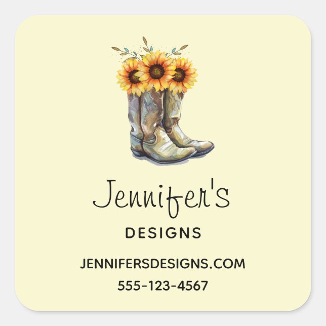 Rustic Cowboy Boots with Sunflowers Business Square Sticker (Front)