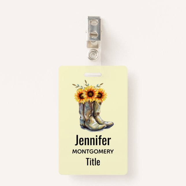 Rustic Cowboy Boots with Sunflowers ID Badge (Front with Clip)