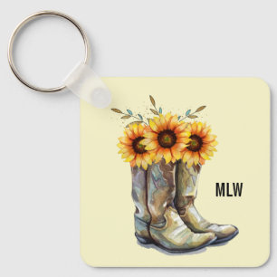 Rustic Cowboy Boots with Sunflowers Key Ring