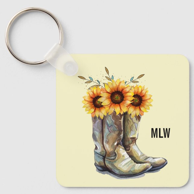 Rustic Cowboy Boots with Sunflowers Key Ring (Front)