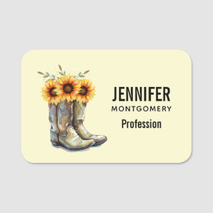 Rustic Cowboy Boots with Sunflowers Name Tag