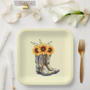 Rustic Cowboy Boots with Sunflowers Paper Plate
