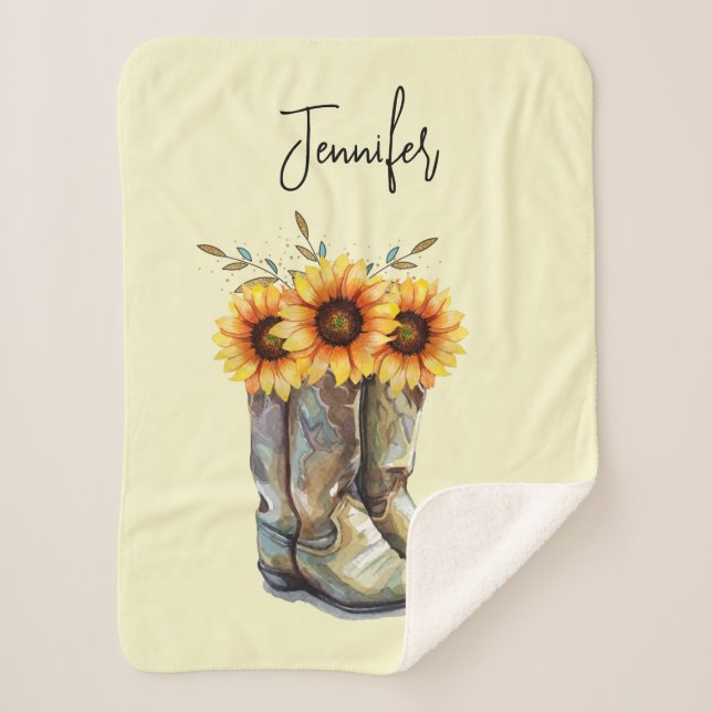Rustic Cowboy Boots with Sunflowers Sherpa Blanket (Front)