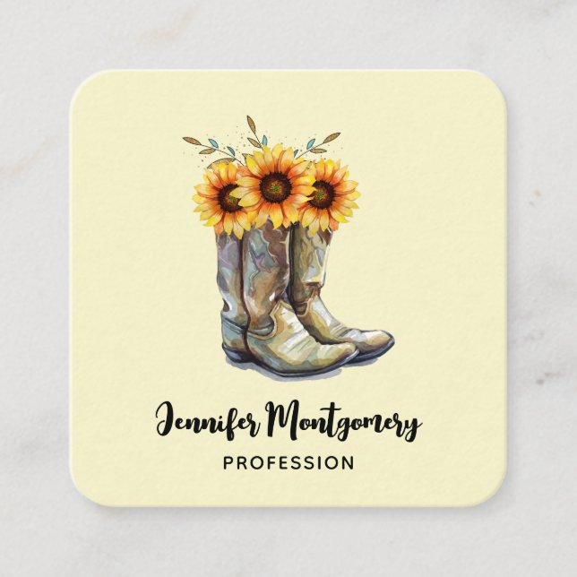 Rustic Cowboy Boots with Sunflowers Square Business Card (Front)
