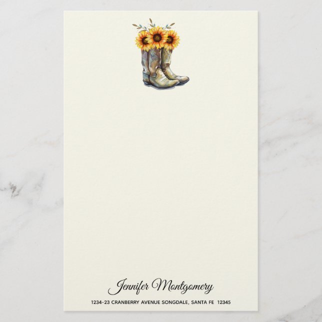 Rustic Cowboy Boots with Sunflowers Stationery (Front)