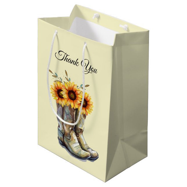 Rustic Cowboy Boots with Sunflowers Thank You Medium Gift Bag (Front Angled)
