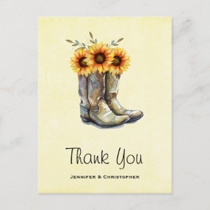Rustic Cowboy Boots with Sunflowers Thank You Postcard