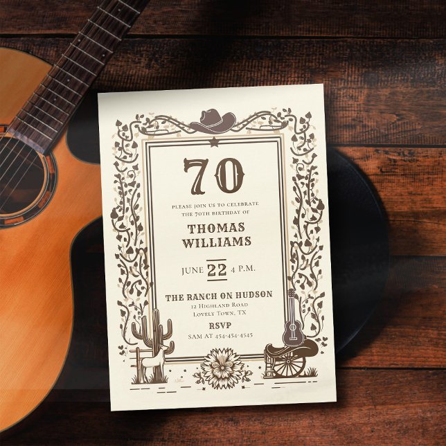 Rustic Cowboy Country Western Frame 70th Birthday  Invitation (birthday invitation for men country western barn backyard rustic elegant botanical cactus horse)