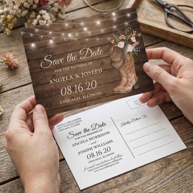 Rustic Cowboy Cowgirl Boots Floral Save the Date Announcement Postcard (Creator Uploaded)