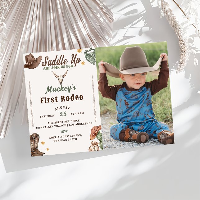 Rustic Cowboy  First Rodeo 1st Birthday Photo Invitation (Creator Uploaded)
