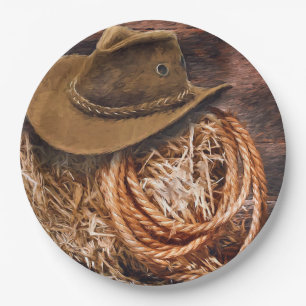 Rustic Cowboy Hat Rope Hay Photo Paper Plate