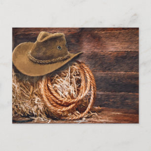 Rustic Cowboy Hat Rope Hay Photo Postcard
