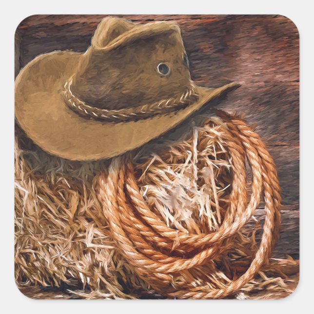 Rustic Cowboy Hat Rope Hay Photo Square Sticker (Front)
