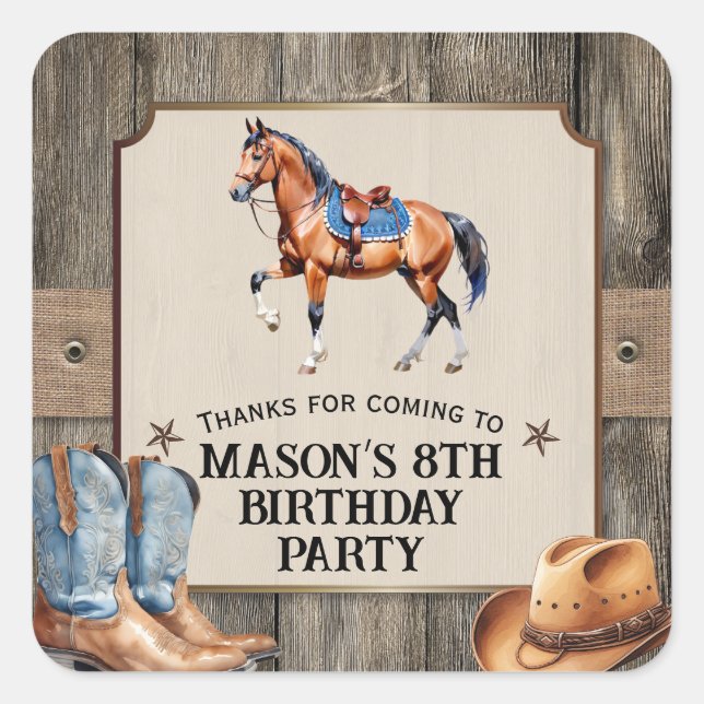 Rustic Cowboy Horseback Riding Birthday Party Square Sticker (Front)