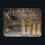 Rustic Cowboy Ranch Wedding Save the Date Magnet<br><div class="desc">This save the date magnet lets you share your love of all things rustic and cowboy - worn leather and barnwood,  and soft string lights. Perfect for a barn,  country,  or casual wedding venue. Created by Simply Farmhouse Press; photo by Melanie Mauer on Unsplash.</div>