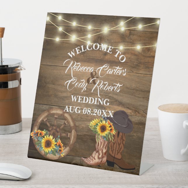 Rustic Cowboy Sunflower Western Wedding Welcome Pedestal Sign (In SItu)