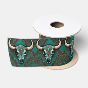 Rustic Cowboy Teal Country Western Bull Skull Satin Ribbon