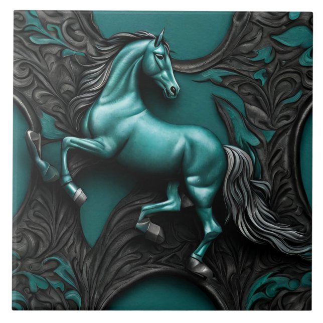Rustic Cowboy Western Country Black Teal Horse  Tile (Front)
