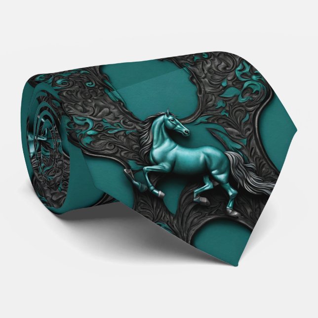 Rustic Cowboy Western Country Blue Teal Horse  Tie (Rolled)