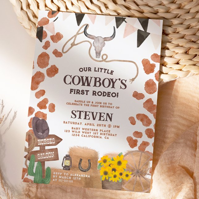 Rustic cowboy western cow first rodeo 1st birthday invitation (Creator Uploaded)