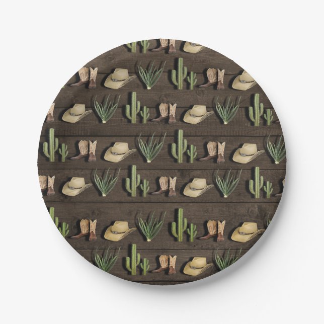 Rustic Cowboy Western Rodeo Wooden Birthday Party Paper Plate (Front)