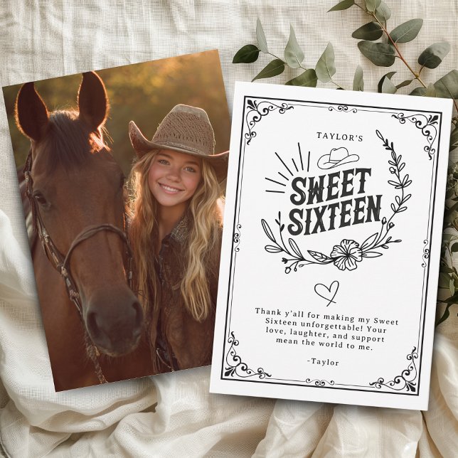 Rustic Cowgirl Black and White Sweet Sixteen Photo Thank You Card (Rustic western sweet sixteen thank-you card with cowgirl photo and floral cowboy hat design.)