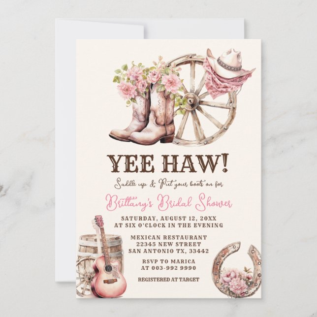 Rustic Cowgirl Boot Floral Western Bridal Shower Invitation (Front)