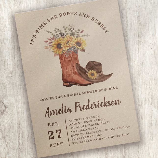 Rustic Cowgirl Boots and Bubbly Bridal Shower Invitation (Creator Uploaded)
