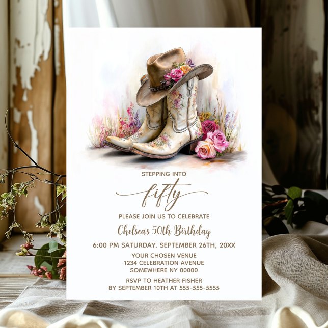 Rustic Cowgirl Boots and Hat 50th Birthday Party Invitation (Creator Uploaded)