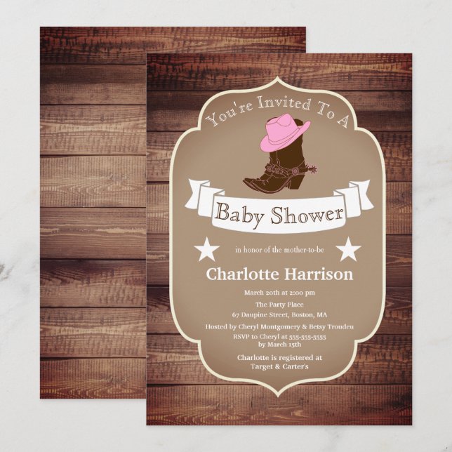 Rustic Cowgirl Boots & Barn Wood Baby Shower Invitation (Front/Back)