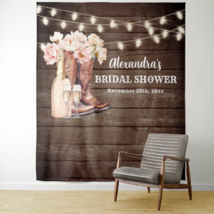 Rustic Cowgirl Boots Bubbly BRIDAL SHOWER Backdrop Tapestry