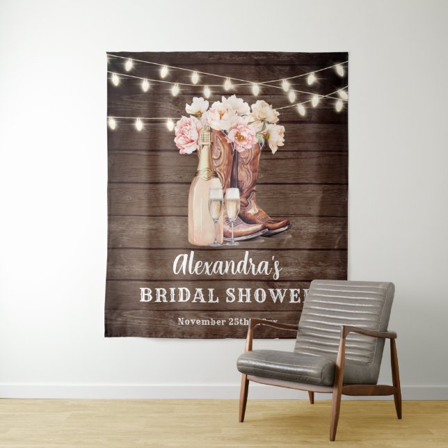 Rustic Cowgirl Boots Bubbly BRIDAL SHOWER Backdrop Tapestry (In Situ)