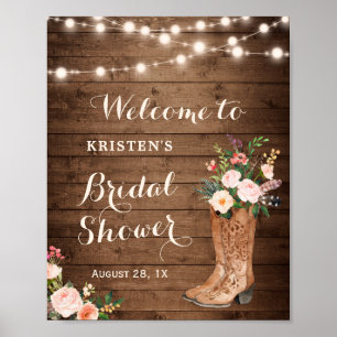 Rustic Cowgirl Boots Floral Lights Bridal Shower Poster