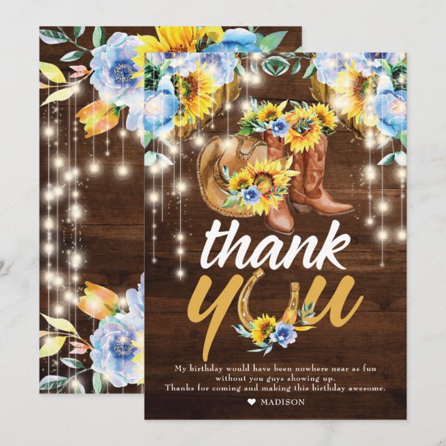 Rustic Cowgirl Boots Floral String Lights Thank You Card (Front/Back)