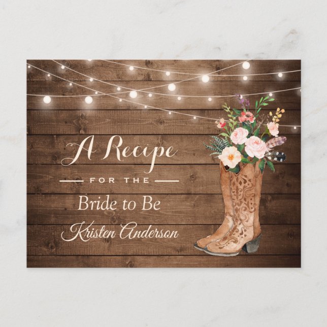 Rustic Cowgirl Boots Flowers Bridal Shower Recipe Postcard (Front)