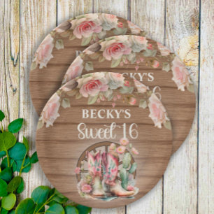 Rustic Cowgirl Boots Pink Roses Sweet 16  Paper Plate