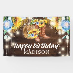 Rustic Cowgirl Boots String Lights Birthday Banner