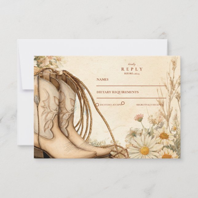 Rustic Cowgirl Boots Wildflower Wedding RSVP Card (Front)