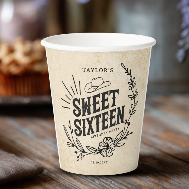Rustic Cowgirl Floral Sweet Sixteen Birthday Party Paper Cups (Rustic cowgirl Sweet Sixteen paper cup on wooden party table with flowers and cupcakes in background)