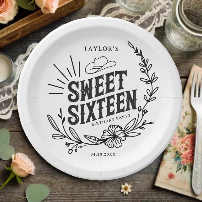 Rustic Cowgirl Floral Sweet Sixteen Birthday Party Paper Plate (Rustic cowgirl sweet sixteen paper plate with floral design and western hat accent.)