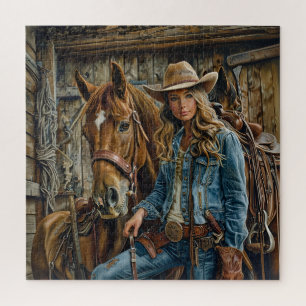 Rustic Cowgirl in Denim with Horse Western Barn Jigsaw Puzzle