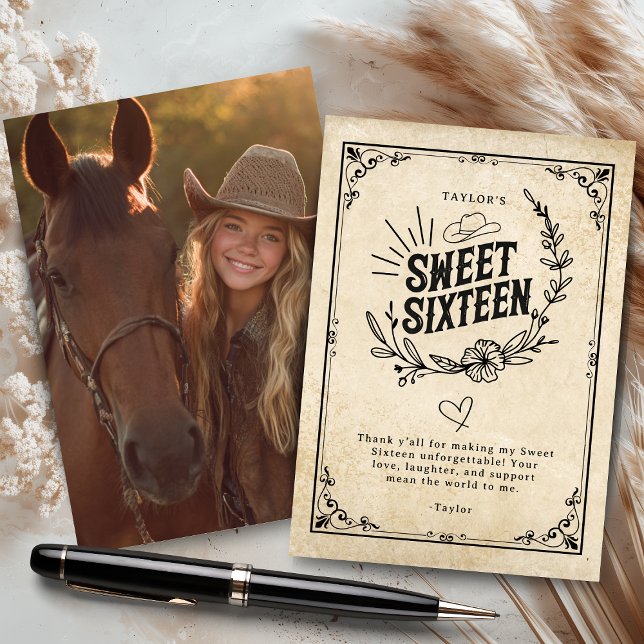 Rustic Cowgirl Sweet Sixteen Photo Thank You Card (Rustic beige cowgirl sweet sixteen thank-you card with floral design and western photo.)