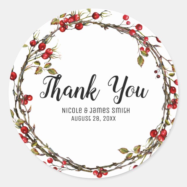 Rustic Cranberry Berries Holiday Wreath Favour Classic Round Sticker (Front)