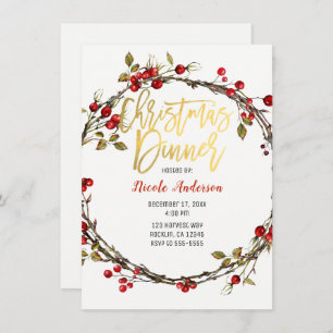 Rustic Cranberry Berries Wreath Christmas Dinner Invitation