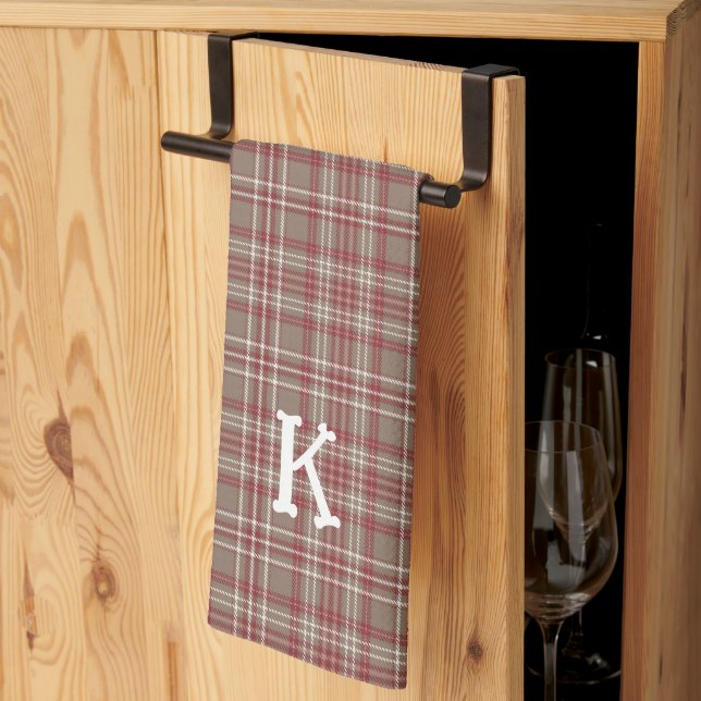 Rustic Cranberry, Dark Tan & White Plaid Kitchen  Tea Towel (Thirds Fold)