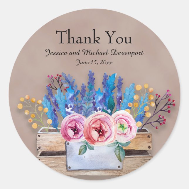 Rustic Crates of Lavender Wedding Thank You Classic Round Sticker (Front)