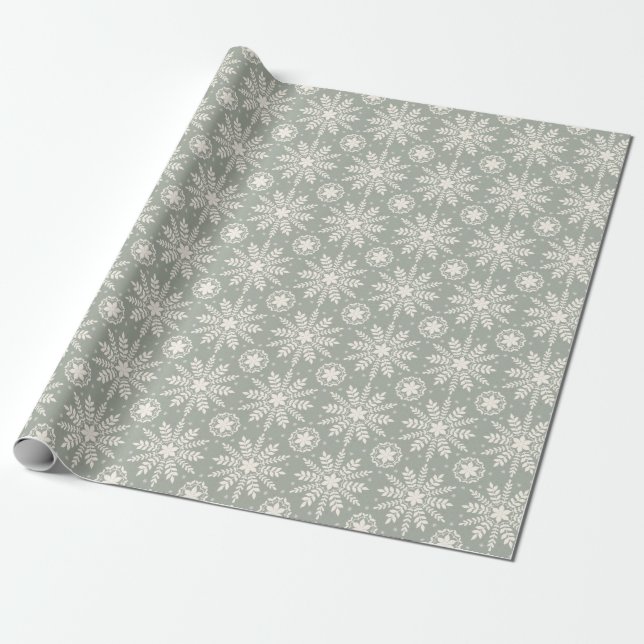 Rustic Cream and Sage Snowflake Christmas Wrapping Paper (Unrolled)