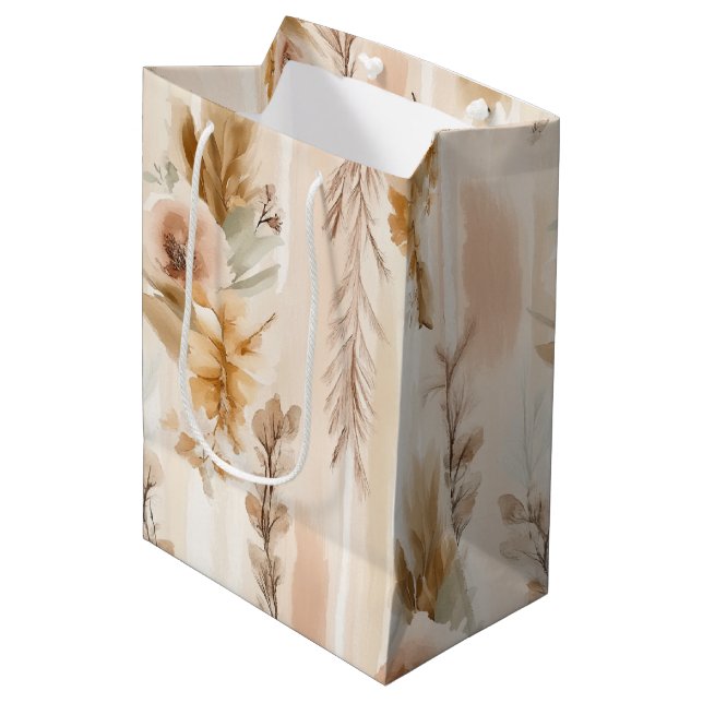 Rustic Cream Boho Floral Birthday Medium Gift Bag (Front Angled)